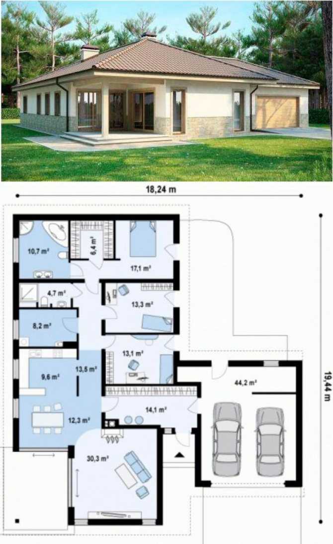 Проект одноэтажного дома с гаражом и 3 спальнями: Проекты одноэтажных домов с тремя спальнями: планировки и фото
