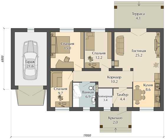 Проект одноэтажного дома с гаражом и 3 спальнями: Проекты одноэтажных домов с тремя спальнями: планировки и фото