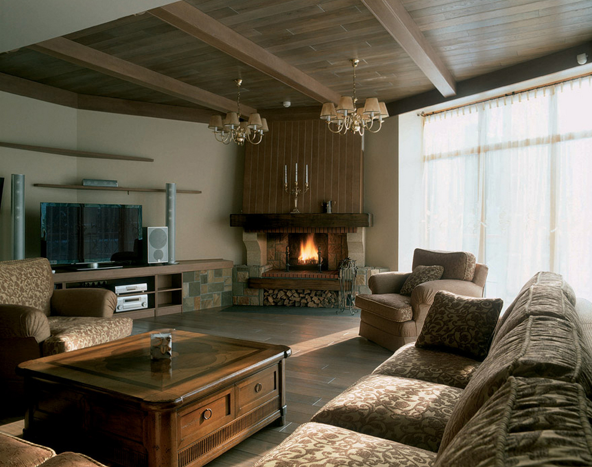Дизайн гостиной с камином в частном доме: интерьер каминного зала в деревянном загородном доме