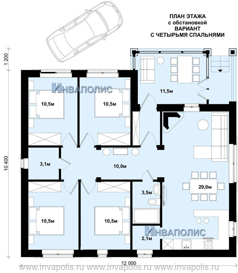 Проекты одноэтажных домов с тремя спальнями до 120: Проект дома с тремя спальнями и гостиной 120 м2 | Архитектурное бюро "Беларх"
