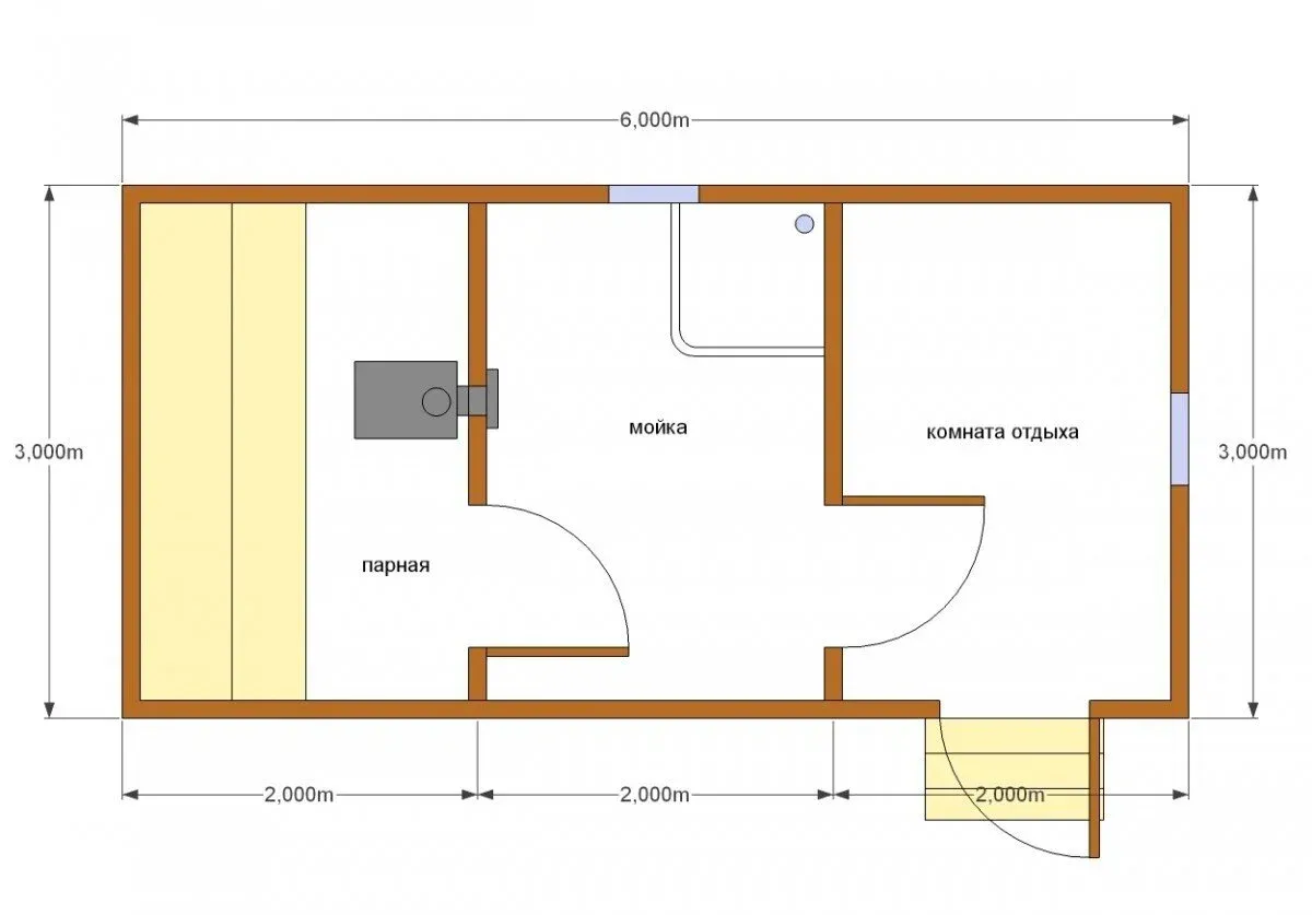 Баня 3 на 6: оформление конструкции размером 3х6 внутри, план постройки в два этажа метражом 6х3, мойка и парилка отдельно