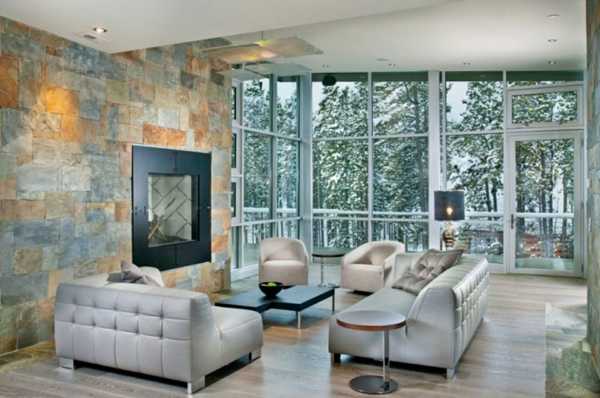 Декоративный камень в гостиной – отделка стен комнаты обоями в сочетании с искусственным камнем