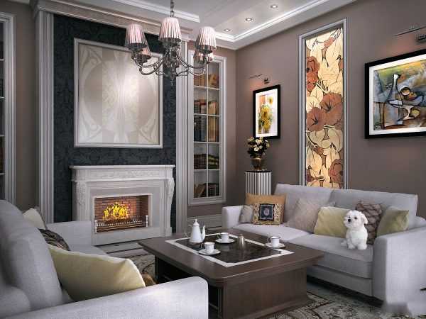 Дизайн гостиная с камином – в доме, фото в квартире, интерьер зала 16 кв. м с угловым камином, проект с эркером