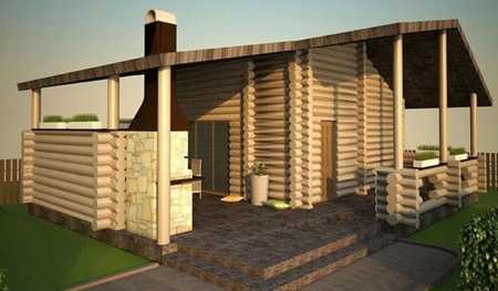 Проект бани с верандой – двухэтажное современное строение размером 5х6 с барбекю в зоне отдыха и баня под одной крышей, варианты с открытой угловой верандой