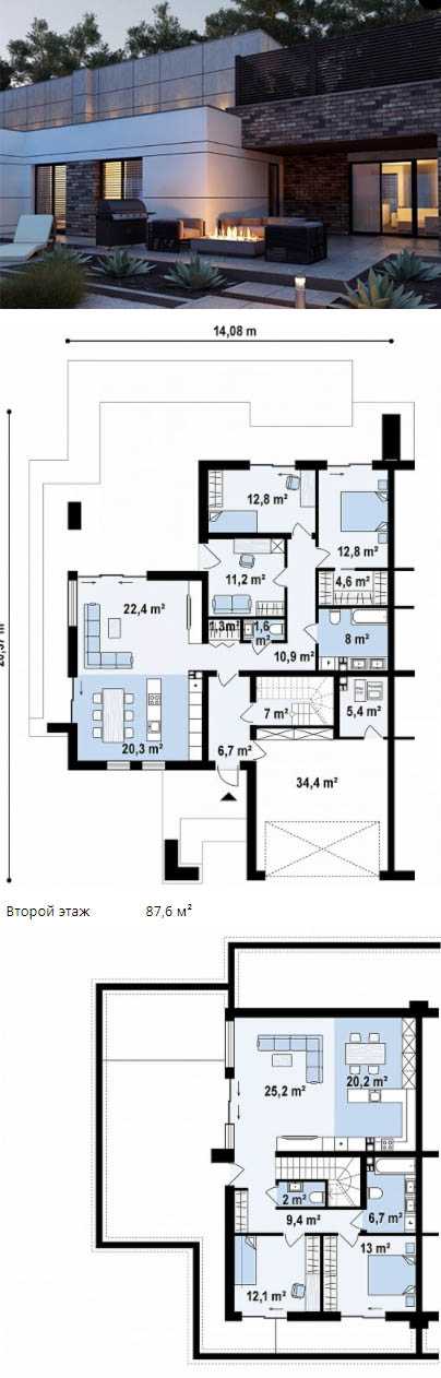 Проекты двухэтажных домов с плоской крышей – готовые и типовые. Каталог содержит планировки, планы и чертежи